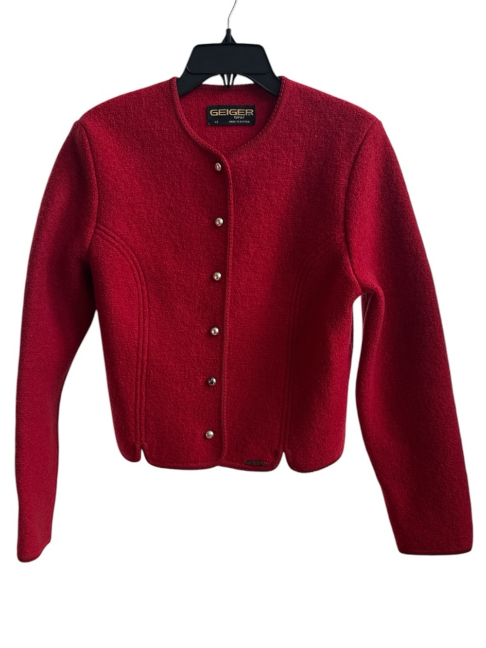 Geiger Tyrol Austria Boiled Wool Cardigan Knit Sweater Jacket Red Sz 42- Large